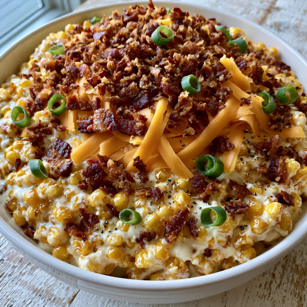 Crack Corn Salad with Crispy Applewood Bacon and Sharp Cheddar 1 High-definition close-up of glossy corn kernels coated in white cream sauce with vibrant orange cheddar and green scallions. (crack corn salad)