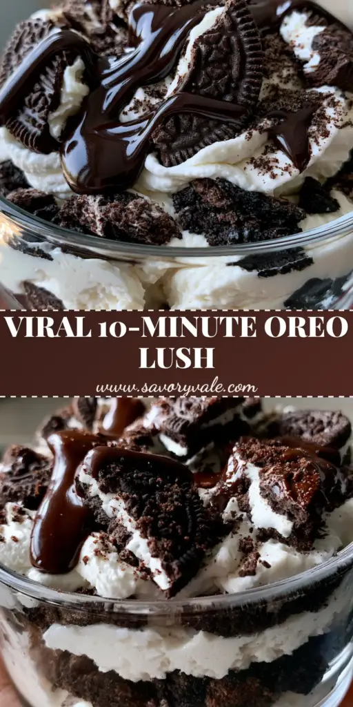 A tall clear glass bowl showing the layered no bake oreo dessert with thick white mousse and chocolate cookie crust.