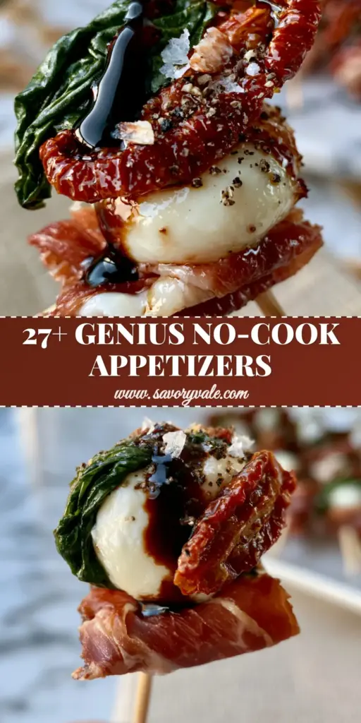 Cold appetizers: Mediterranean Prosciutto and Mozzarella Caprese Skewers 3 A close-up vertical shot of Mediterranean grazing skewers with prosciutto and mozzarella, perfect for cold appetizers Pinterest boards.