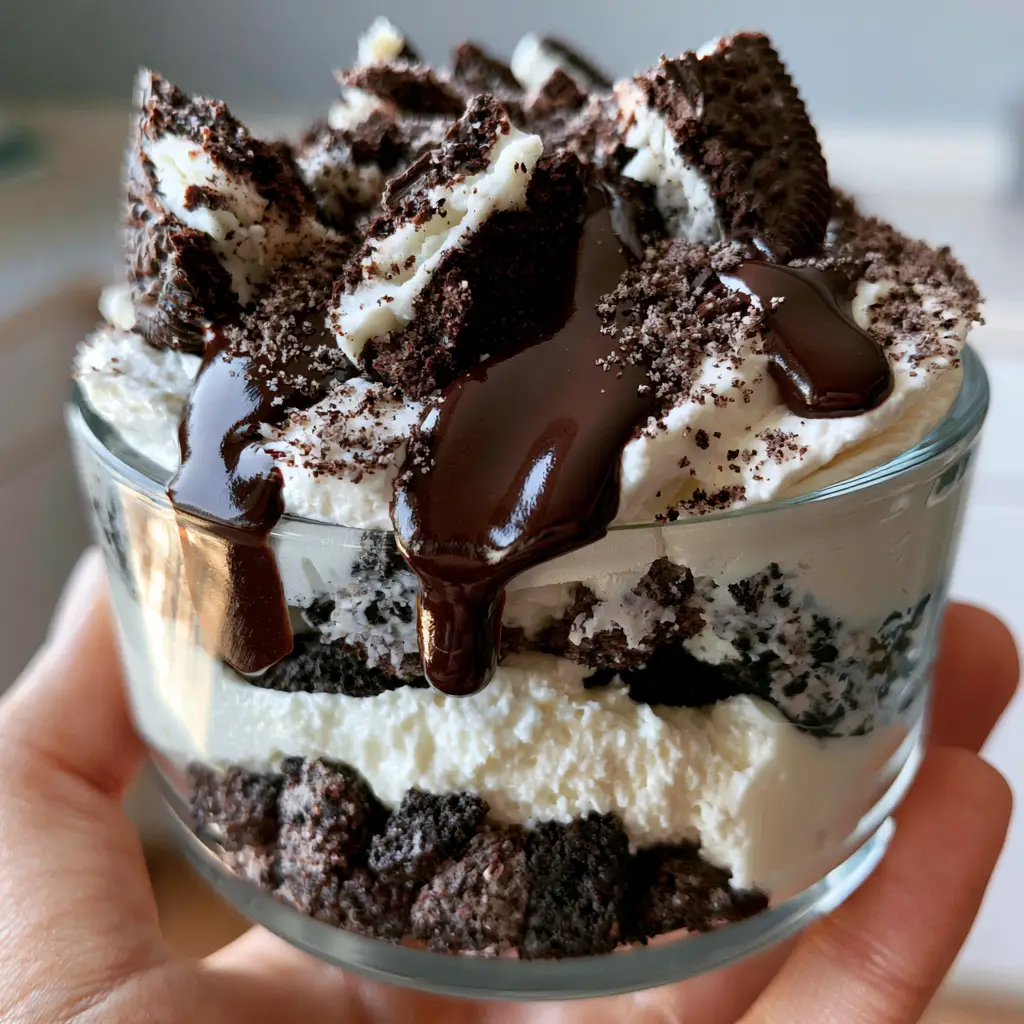 Close-up of the fluffy whipped cream and glossy chocolate drizzle on the no bake oreo dessert.