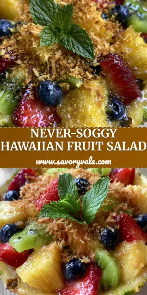Hawaiian Fruit Salad with Honey Lime Glaze and Toasted Coconut 4 A high-angle close-up of a Hawaiian Fruit Salad served in a pineapple shell with glistening honey lime glaze and toasted coconut on a sun-drenched table.