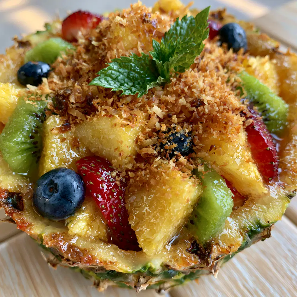 Hawaiian Fruit Salad with Honey Lime Glaze and Toasted Coconut 2 Detailed close-up of Hawaiian Fruit Salad featuring golden pineapple, bright kiwi slices, and halved strawberries glistening with glaze.