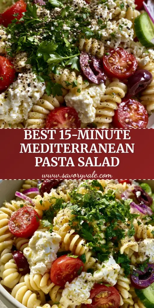 Mediterranean Pasta Salad with Zesty Lemon Herb Vinaigrette 4 A top-down view of a Mediterranean Pasta Salad in a white bowl showing glistening rotini, feta crumbles, and cherry tomatoes in natural sunlight.