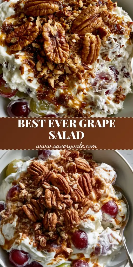 A top-down photo of a Southern Creamy Grape Salad Recipe in a white bowl with brown sugar swirls and toasted pecans.