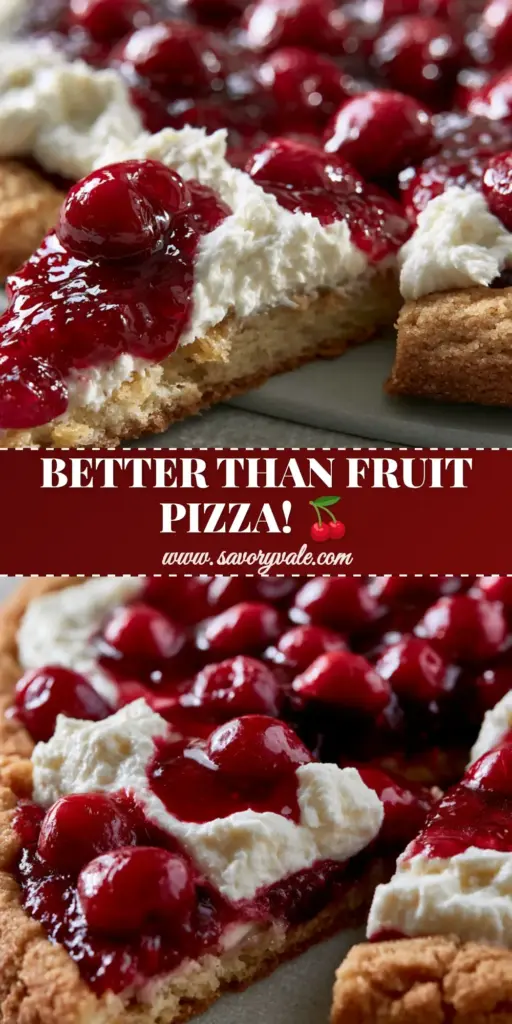 Cherry Dessert Pizza with a Soft-Baked Sugar Cookie Crust 5 A gourmet Cherry Dessert Pizza on a soft-baked sugar cookie crust with glossy red cherries and whipped cream cheese frosting.