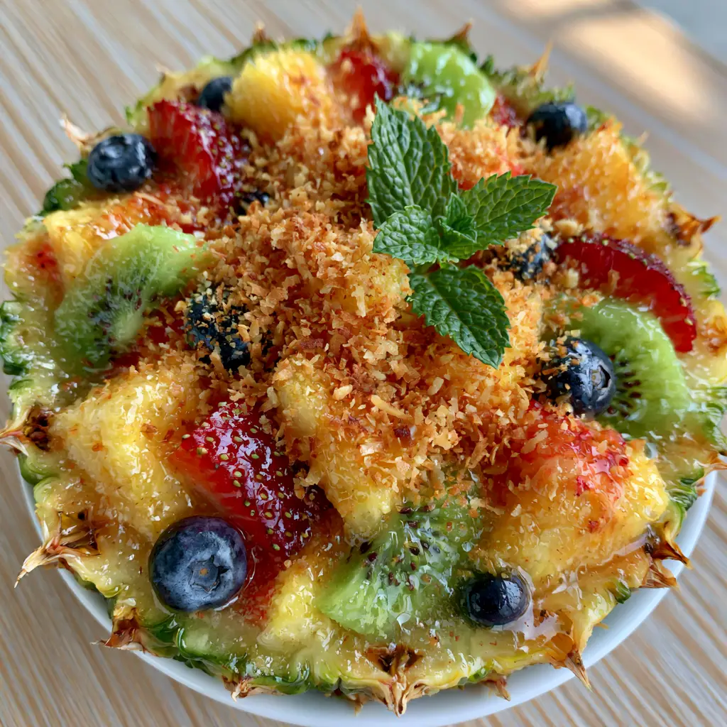 Hawaiian Fruit Salad with Honey Lime Glaze and Toasted Coconut 1 High-angle view of a Hawaiian Fruit Salad on a light wood patio table during golden hour.