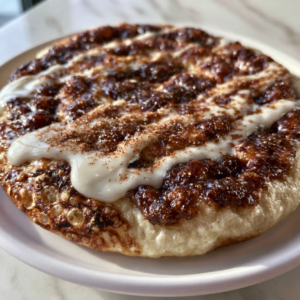 Sweet Cinnamon Swirl Pizza: The Ultimate Fluffy Dessert Pizza Recipe 2 Extreme close-up of Sweet Cinnamon Swirl Pizza with bubbling mahogany craters and glossy white icing.