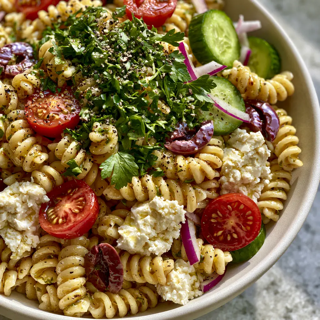 Mediterranean Pasta Salad with Zesty Lemon Herb Vinaigrette 2 Extreme close-up of Mediterranean Pasta Salad with visible juicy tomato seeds, glossy Kalamata olives, and cracked black pepper.