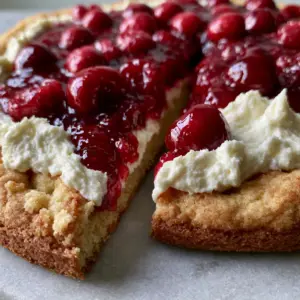 Extreme close-up of a Cherry Dessert Pizza slice showing the thick cookie crust, airy white frosting, and glossy ruby-red cherry topping.