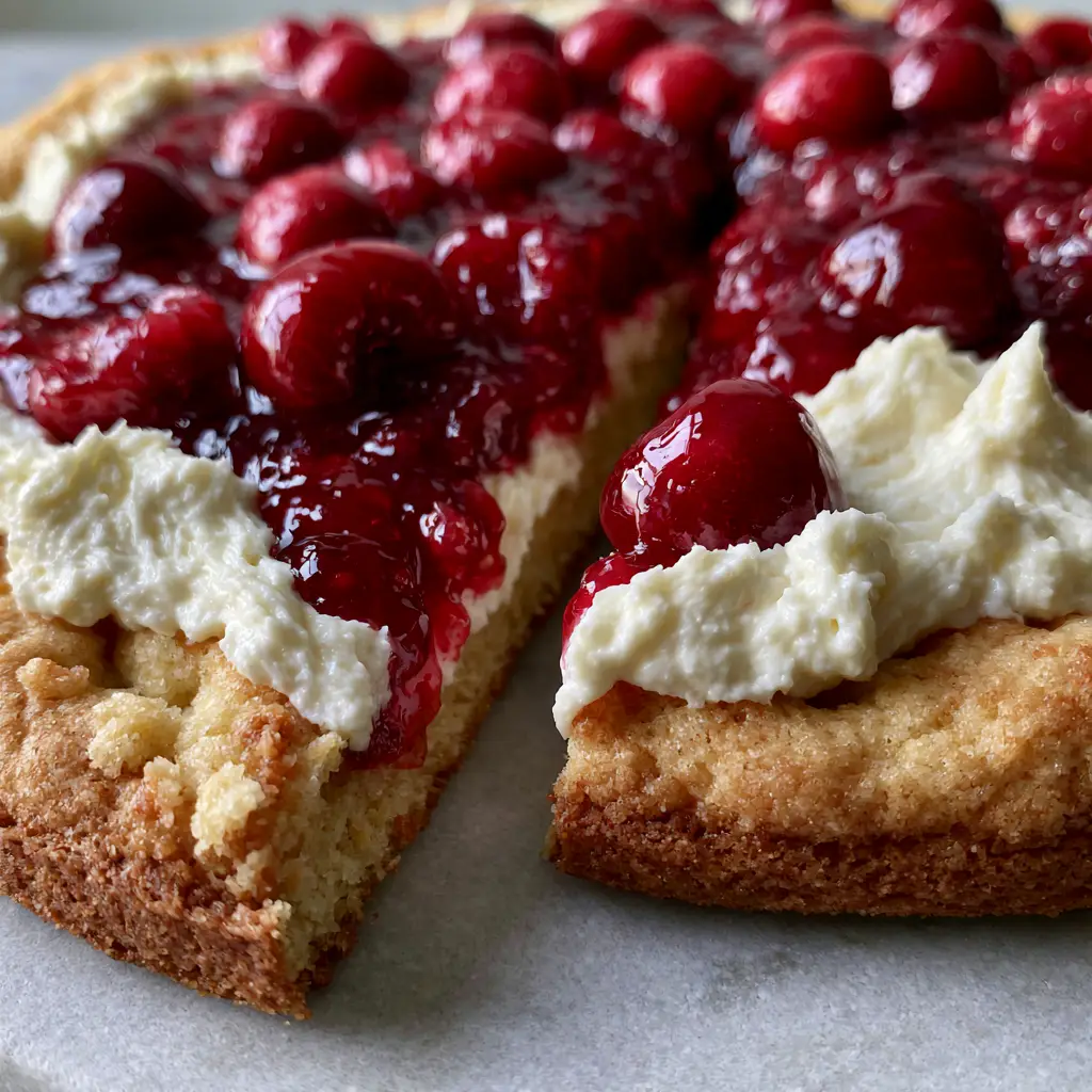 Cherry Dessert Pizza with a Soft-Baked Sugar Cookie Crust 2 Extreme close-up of a Cherry Dessert Pizza slice showing the thick cookie crust, airy white frosting, and glossy ruby-red cherry topping.