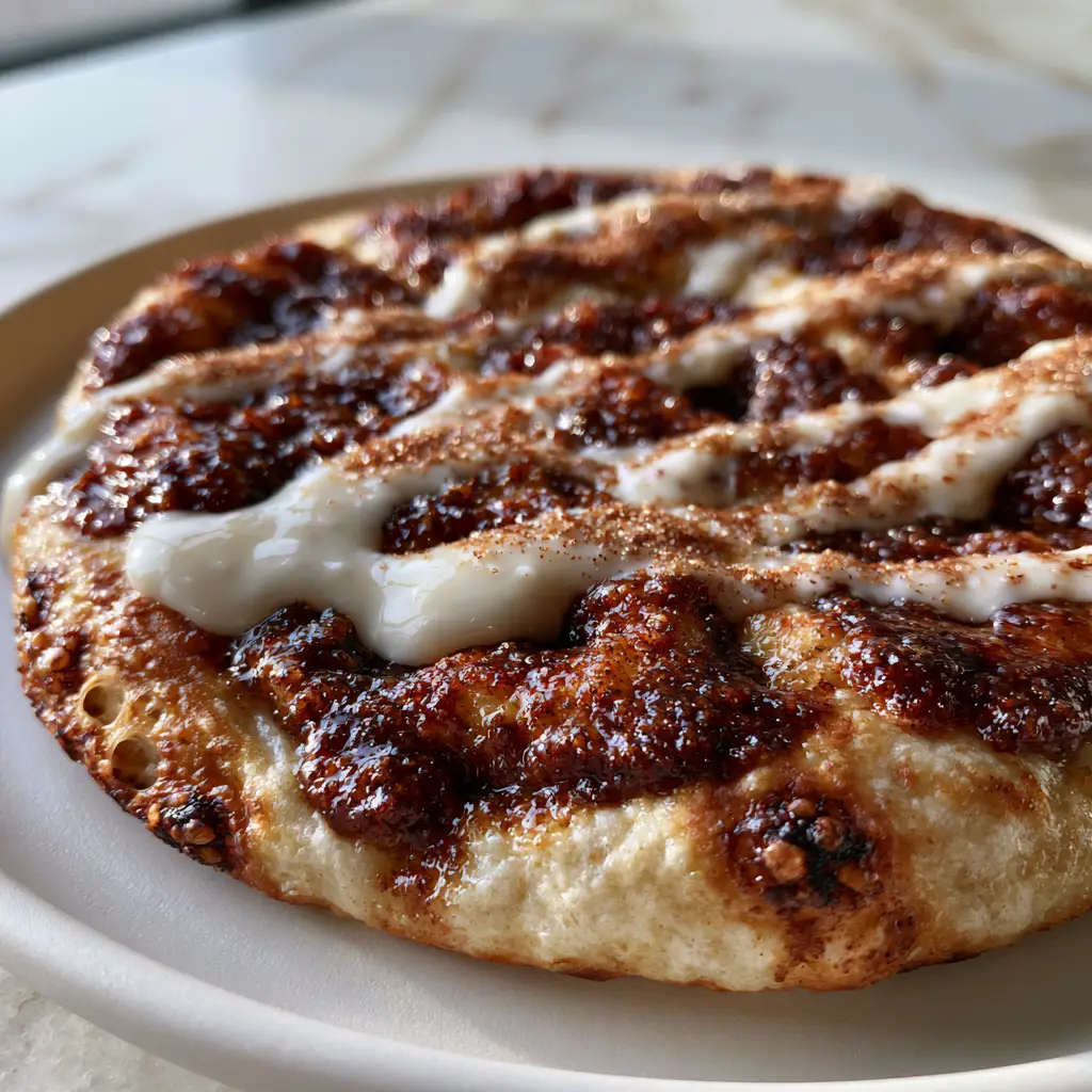 Sweet Cinnamon Swirl Pizza: The Ultimate Fluffy Dessert Pizza Recipe 1 Slightly angled handheld photo of Sweet Cinnamon Swirl Pizza on a white plate with marble background.