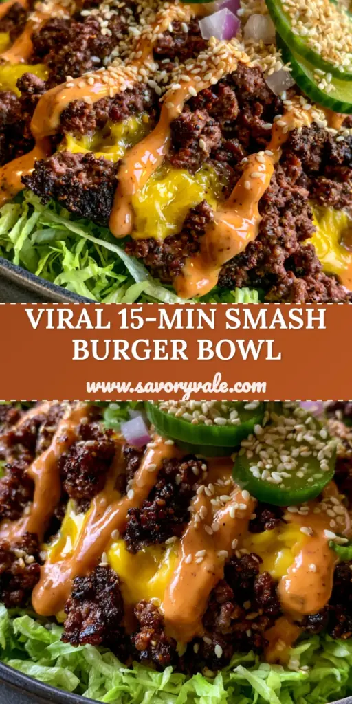 Smash Burger Bowl: The Ultimate Crispy Seared Beef Experience 4 A vibrant Smash Burger Bowl in a charcoal bowl featuring crispy seared beef crumbles, melted cheddar cheese, and a thick orange sauce drizzle over shredded romaine lettuce.