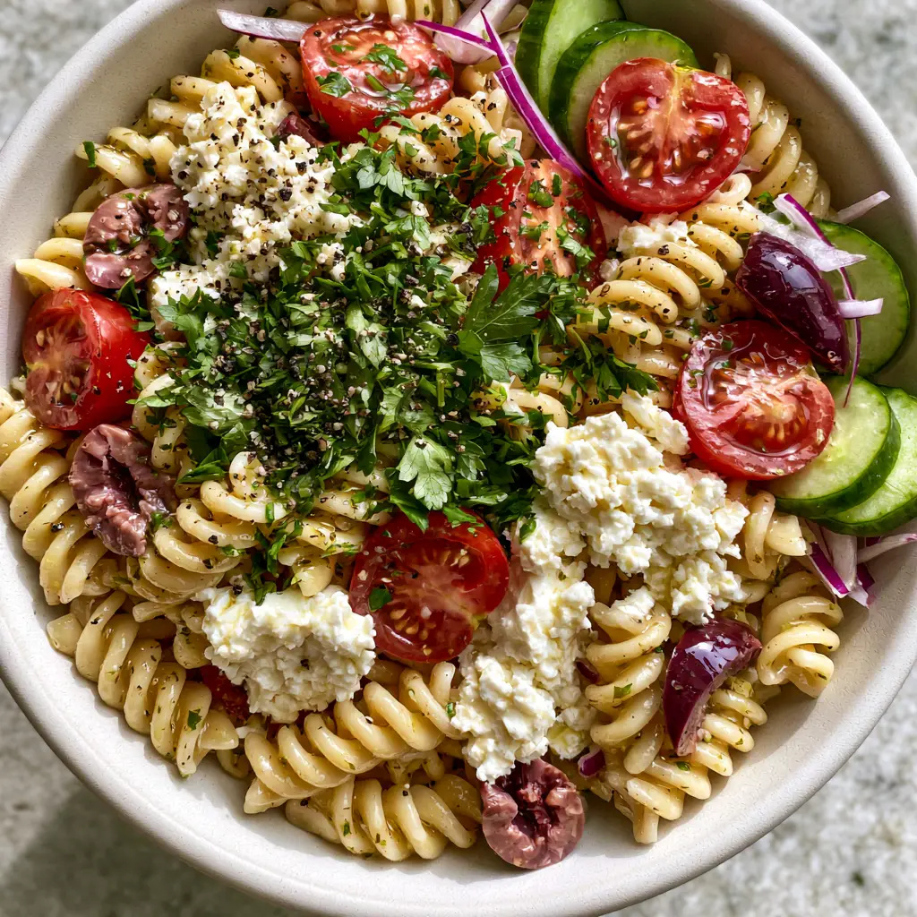 Mediterranean Pasta Salad with Zesty Lemon Herb Vinaigrette 1 A smartphone photo of Mediterranean Pasta Salad in a matte white bowl featuring al dente rotini and bright green cucumber half-moons.