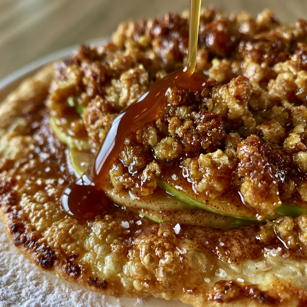 Apple Crisp Pizza with Cinnamon Oat Streusel and Salted Caramel 2 Macro photo of apple crisp pizza with bubbly crust and cinnamon-glazed apples. (apple crisp pizza)