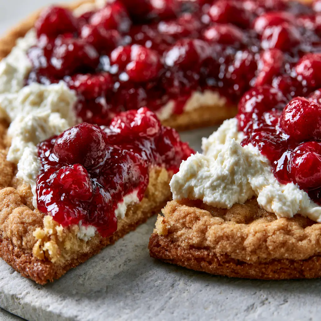 Cherry Dessert Pizza with a Soft-Baked Sugar Cookie Crust 1 A 45-degree angle shot of a whole Cherry Dessert Pizza on a grey stone surface with natural morning light highlights.
