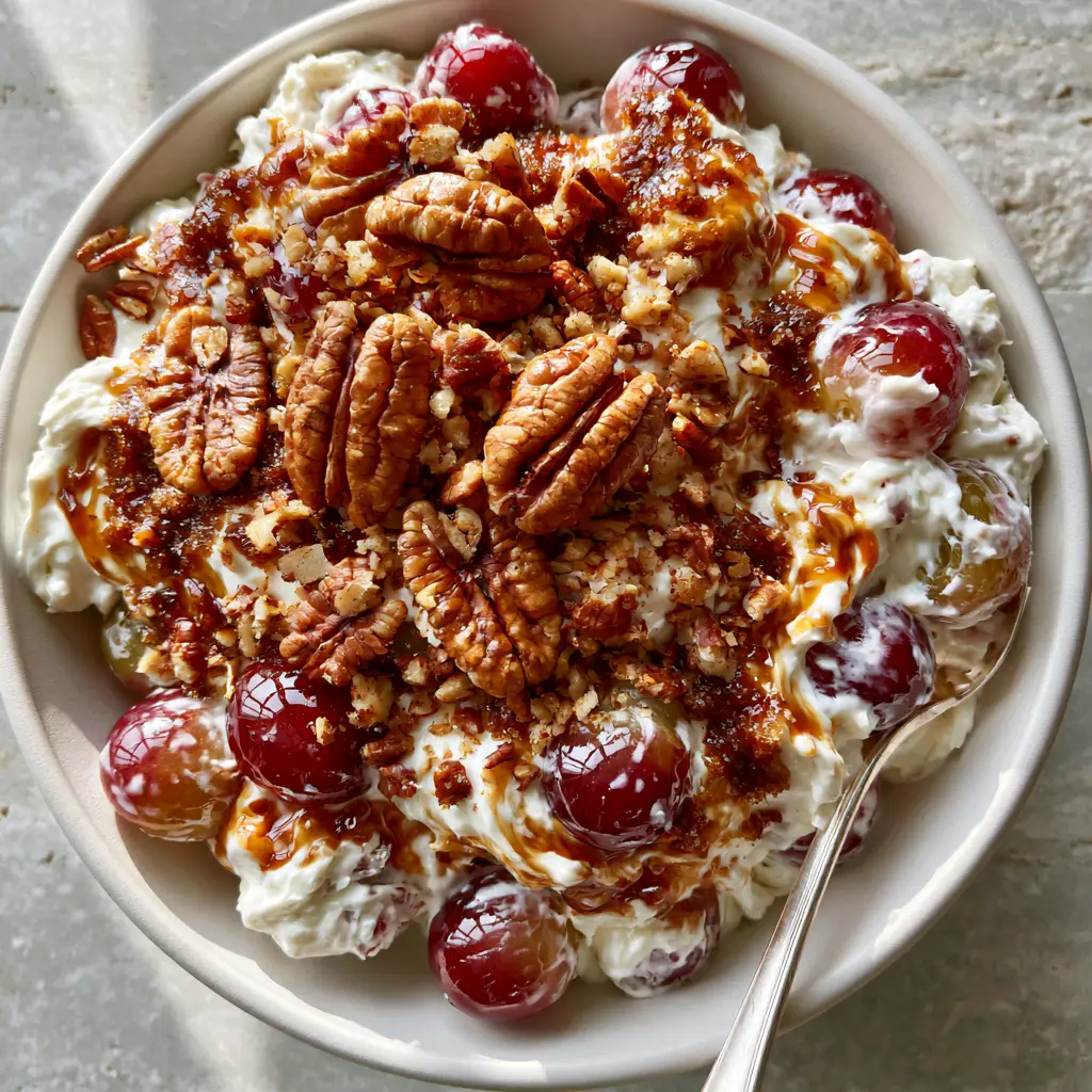 Close-up of a silver spoon digging into a Creamy Grape Salad with caramel-colored brown sugar swirls and pecan halves.