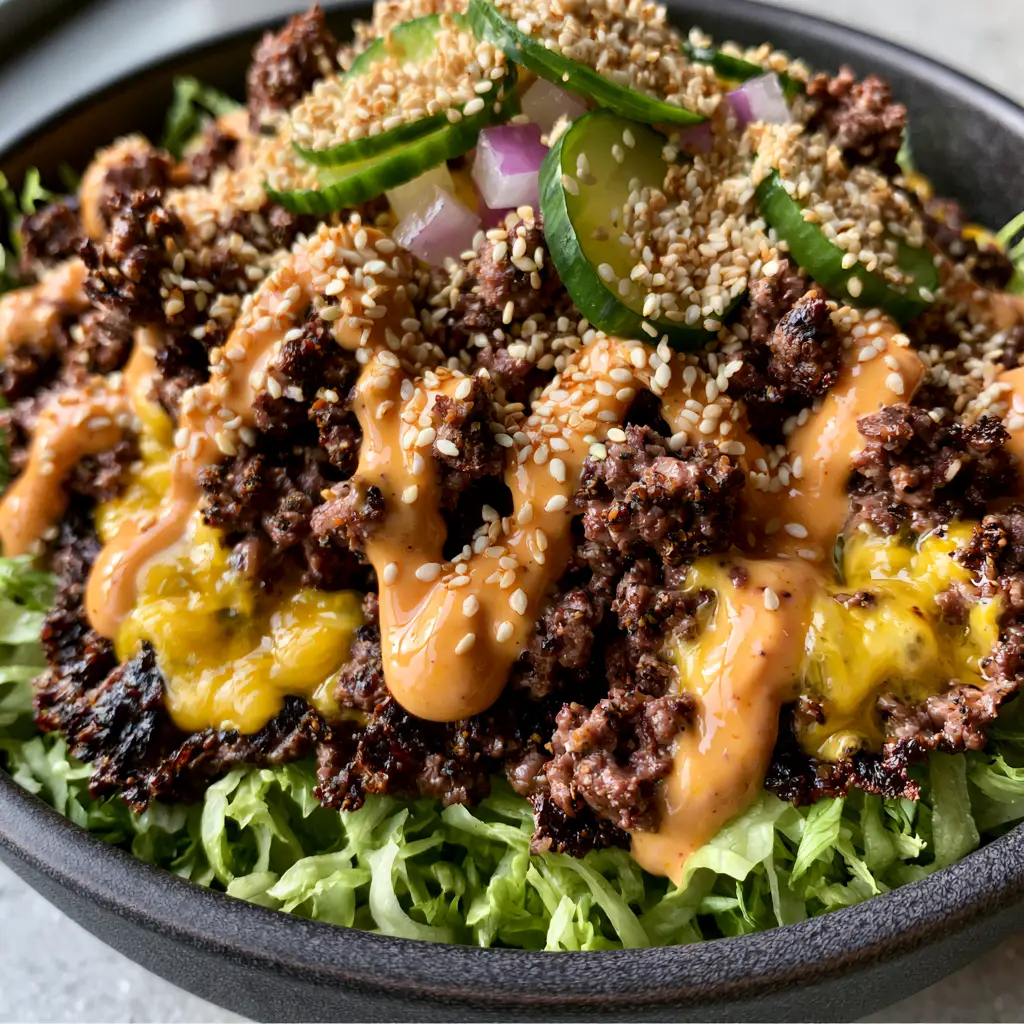 Smash Burger Bowl: The Ultimate Crispy Seared Beef Experience 2 Extreme macro photo of seared ground beef crumbles with bubbling melted cheddar cheese and thick orange burger sauce.