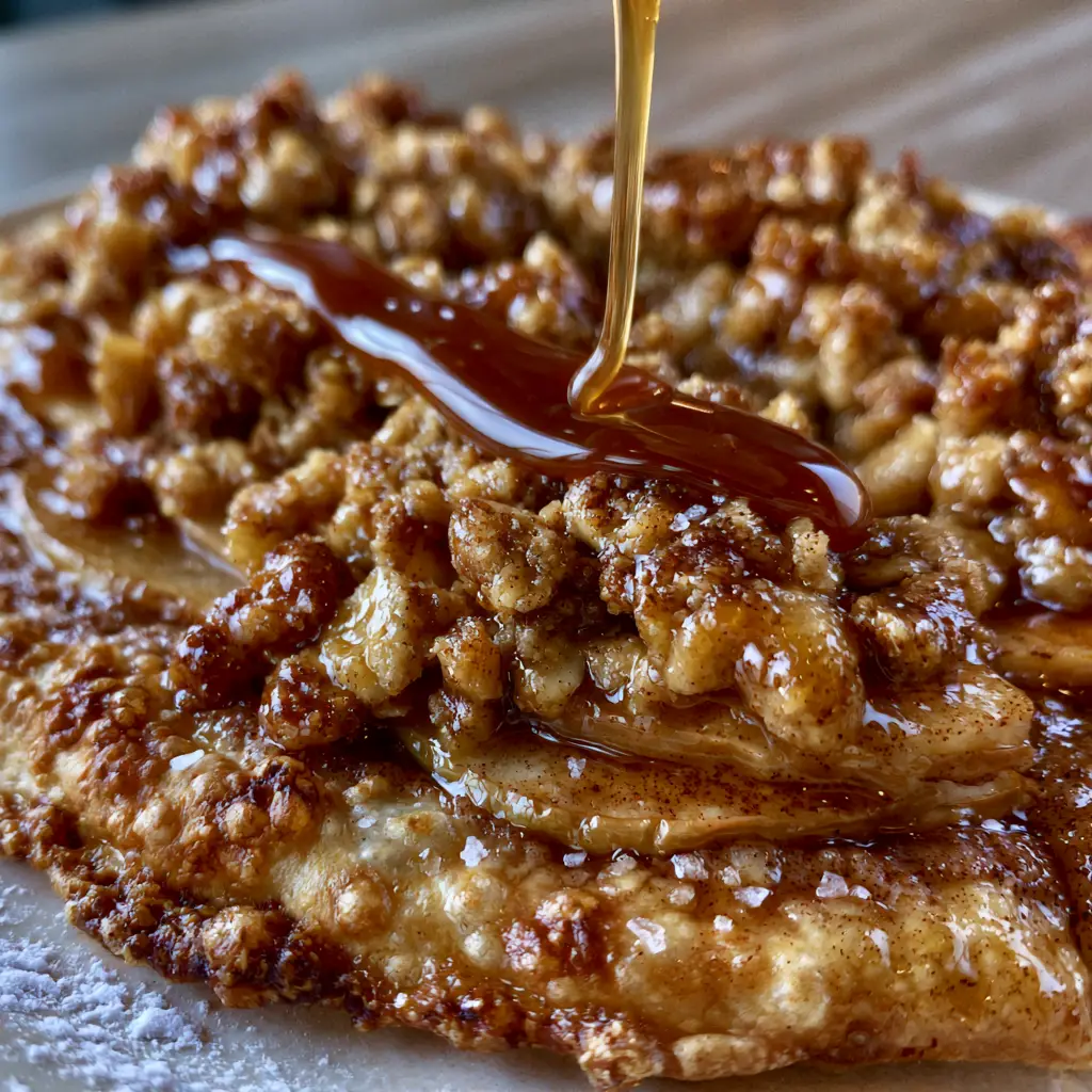 Apple Crisp Pizza with Cinnamon Oat Streusel and Salted Caramel 1 Overhead view of a rustic apple crisp pizza on a wooden table with thick caramel being drizzled.