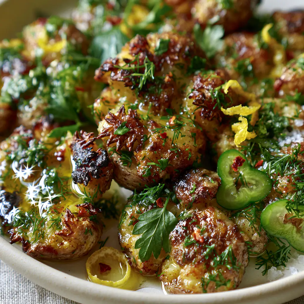 Smashed Potato Salad with Crispy Gold Potatoes and Lemon-Herb Vinaigrette 1 Close-up of translucent lemon-herb vinaigrette glistening on roasted potatoes and fresh cucumber slices. (smashed potato salad)