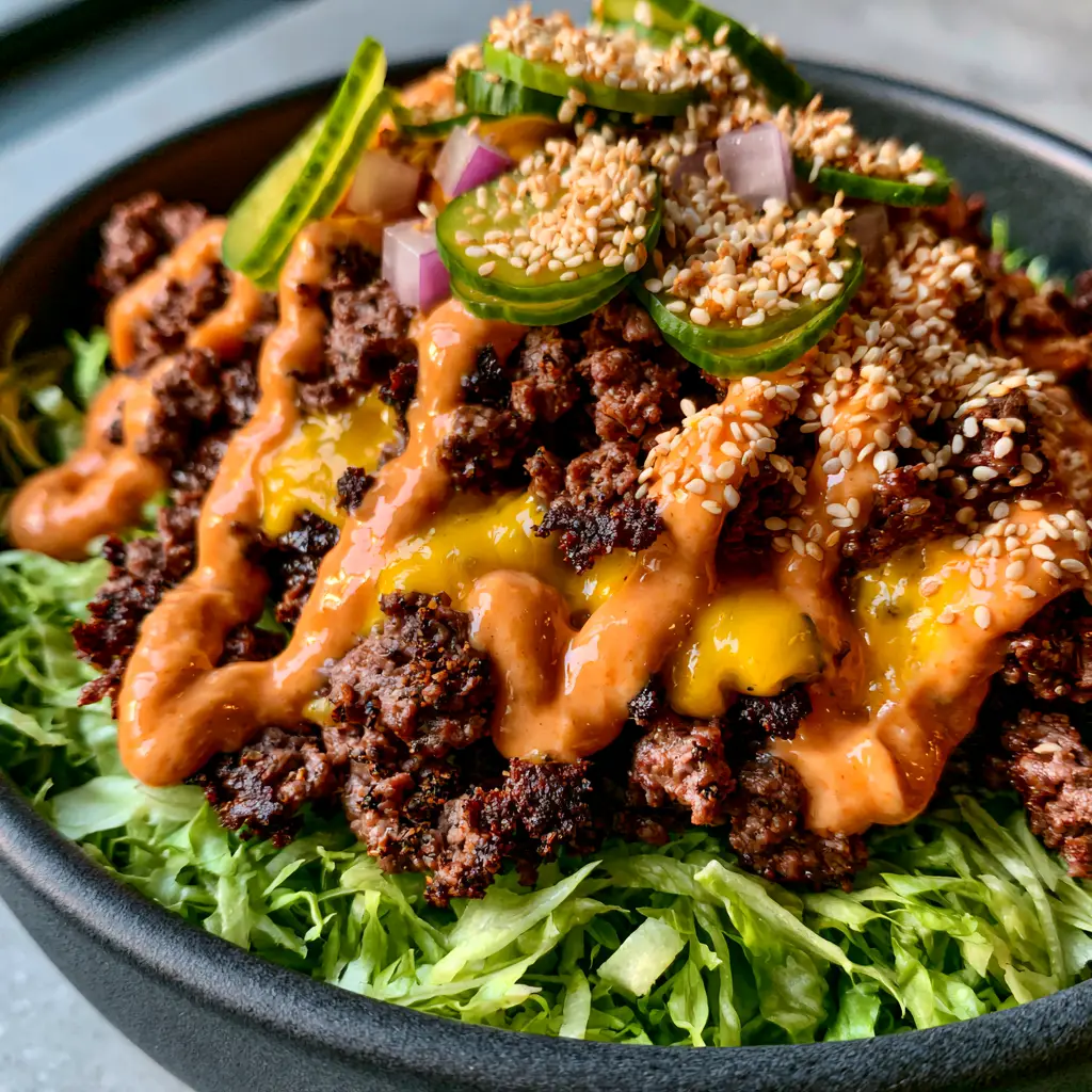Smash Burger Bowl: The Ultimate Crispy Seared Beef Experience 1 A handheld smartphone photo of a Smash Burger Bowl garnished with dill pickles, red onions, and toasted sesame seeds in a matte charcoal bowl.