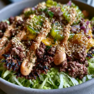 Macro photo of crispy seared beef crumbles and glossy orange sauce in a smash burger bowl. (smash burger bowl)